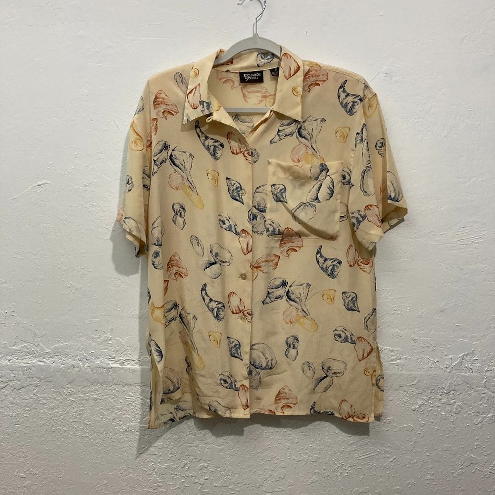 VTG Richard & Jones Button up Shirt 100% Silk Short Sleeve Seashells Yellow M